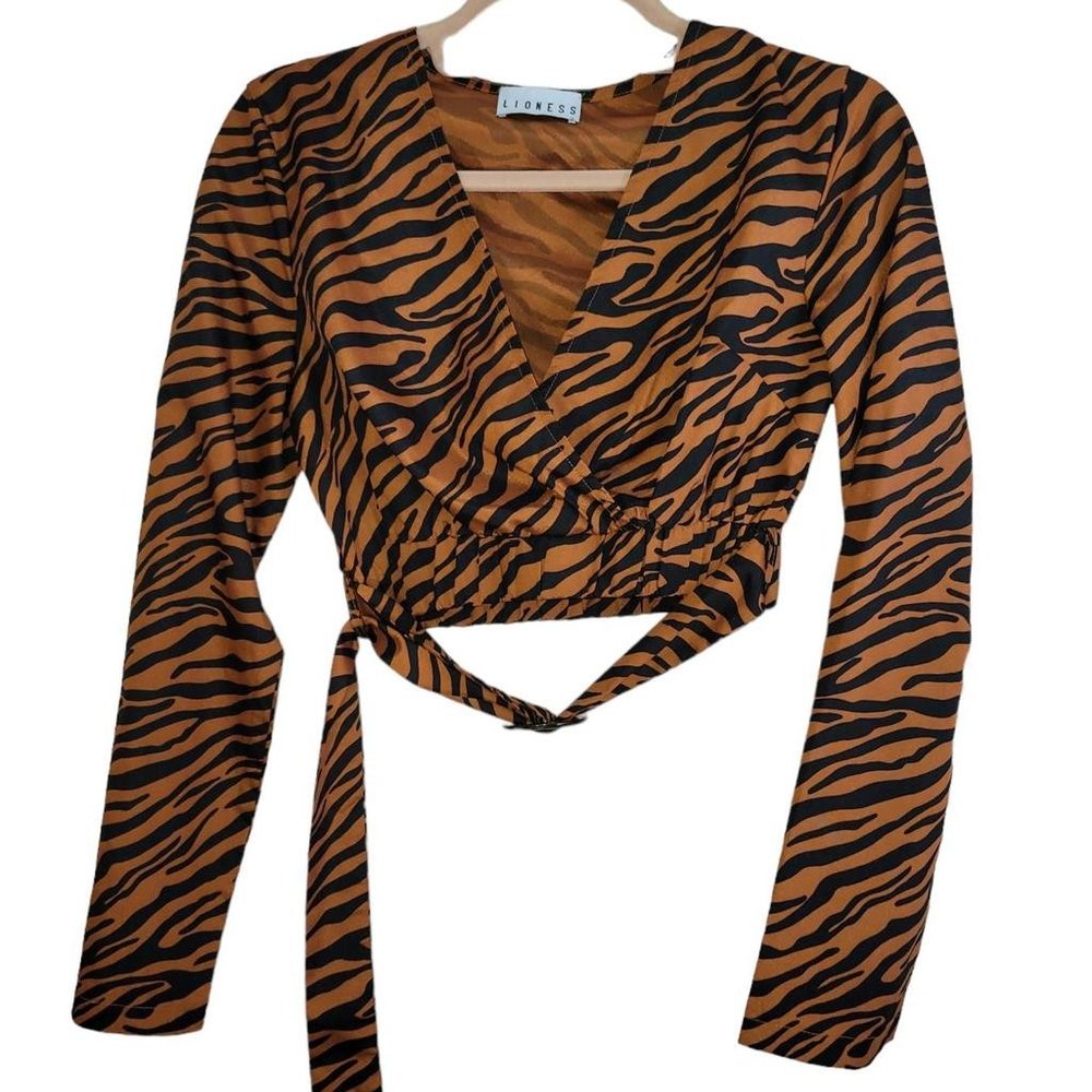 Lioness🐅 Copper Black Animal Tiger Print Faux Wrap Belted Crop Top Women Size S